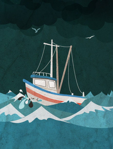 fisherman boat in a rough sea digital illustration